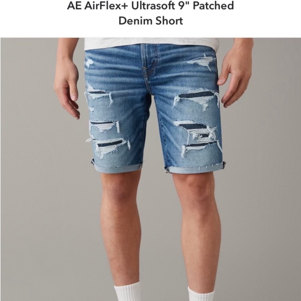 American Eagle air flex plus ultra soft 9” patched denim shorts